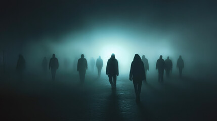 A group of people walking in the fog