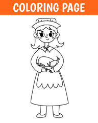 Thanksgiving coloring page, cute print with line pilgrim. Printable worksheet with solution for school and preschool. Vector cartoon illustration.