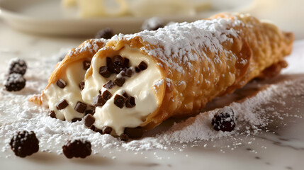 Close-up of a Delicious Cannoli with Chocolate Chips and Powdered Sugar
