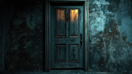 A close-up of a creepy haunted house door, slightly ajar with eerie light seeping through the cracks.