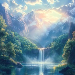 Fototapeta premium A Majestic Waterfall Cascading into a Tranquil Mountain Lake