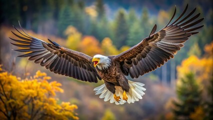 A majestic eagle soars gracefully in the sky, wings outstretched wide against a vibrant blue backdrop, embodying