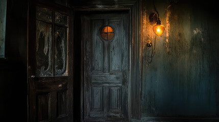 The heavy wooden door, slightly ajar, exudes an eerie light that spills through the cracks, illuminating the darkness with an ominous glow.