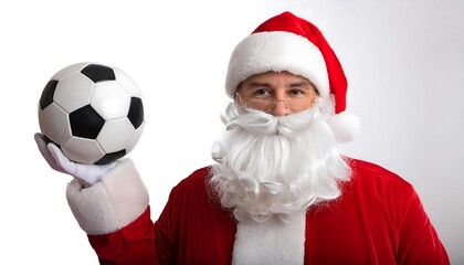 santa claus hand holding soccer ball white background christmas presents future sportsmen christmas new year winter holidays card template
