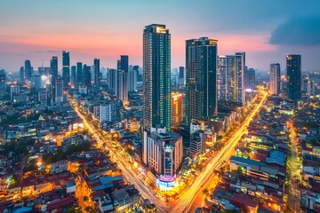 Fototapeta premium Aerial View of Cityscape at Sunset with Skyscrapers and Traffic Lights