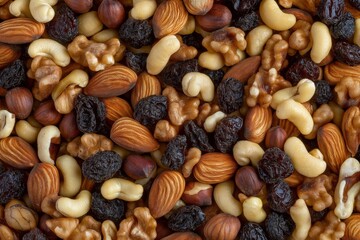 A colorful assortment of mixed nuts and dried fruits  almonds, walnuts, cashews, and raisins