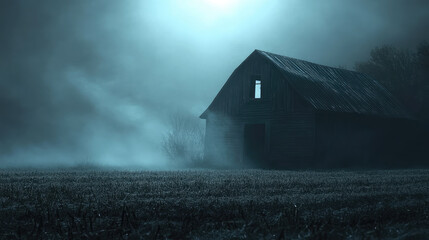 A barn is in the middle of a field with fog and mist