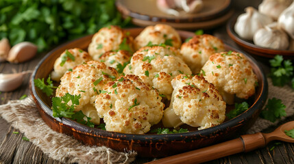 Fototapeta premium Roasted Cauliflower with Garlic and Parsley - A Simple and Delicious Side Dish