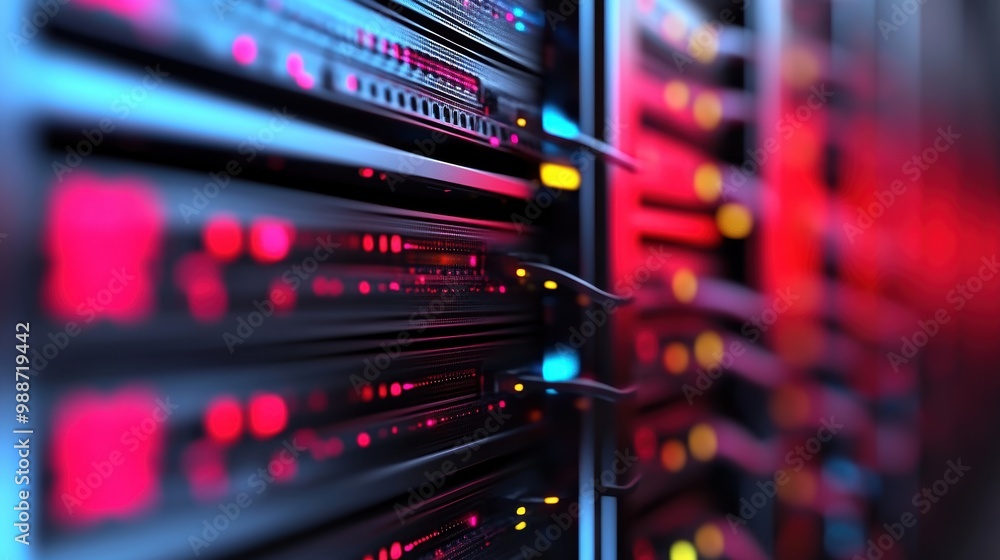 Poster a photo of a server room with rows of servers and network equipment, representing the core infrastru