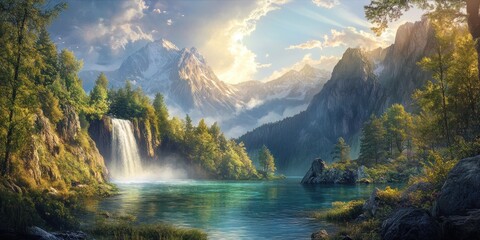 Fototapeta premium A Serene Mountain Lake with a Cascading Waterfall and Lush Forest