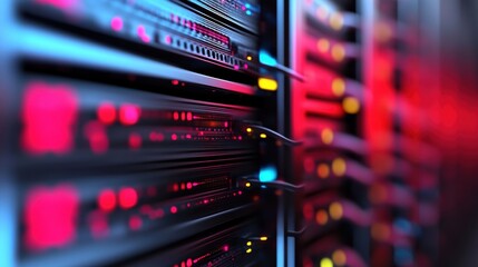 Naklejka premium A photo of a server room with rows of servers and network equipment, representing the core infrastructure that powers digital communication and data storage.