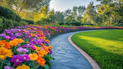 A beautiful, winding garden path lined with vibrant flowers, stretching into the distance under a soft morning light, intricate petal details