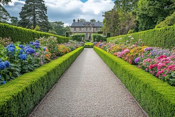 A formal garden with a long gravel path, bordered by neatly trimmed boxwood hedges and vibrant flower beds, leading toward a grand manor