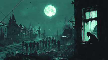 A group of zombies are walking down a street in front of a house