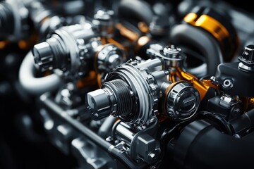 Naklejka premium A highly detailed shot of turbocharger components inside a high-performance engine, engine, close-up, turbocharger, performance