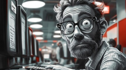 Create caricatures of typical office scenarios, exaggerating the absurdities of corporate life