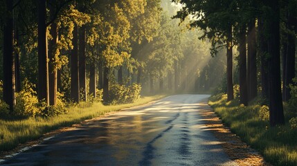 Obraz premium Serene Morning Road with Dew on Pavement