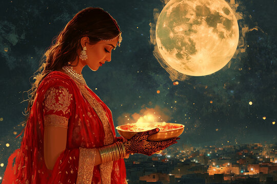 woman observing karva chauth under full moon