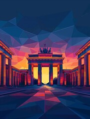 Obraz premium Illustration of Brandenburg Gate at Night from Berlin, Germany Travel Poster in Colorful Flat Digital Art Style