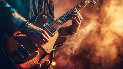 Naklejka premium Ręce gitarzysty w ruchu, uchwycone w momencie pełnym pasji podczas rockowego koncertu.