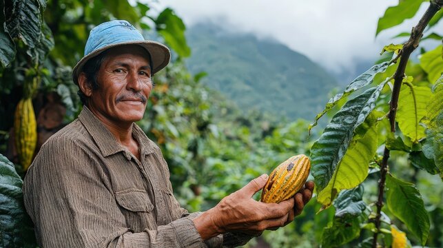 A farmer proudly holds a ripe cacao pod amidst lush greenery in a mountainous landscape, showcasing traditional agriculture. - Powered by Adobe