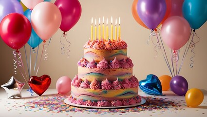  A beautifully decorated birthday cake with colorful frosting, topped with lit candles, surrounded by confetti and balloons, creating a joyful celebration atmosphere