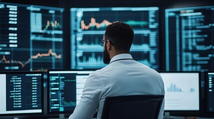 A professional analyst monitors multiple screens displaying financial data and stock market trends in a modern office.