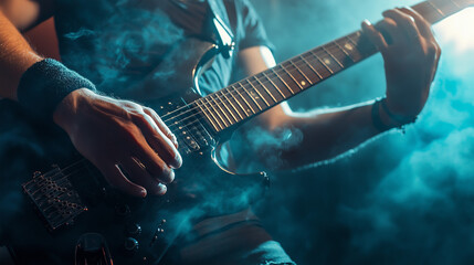 Ręce gitarzysty w ruchu, uchwycone w momencie pełnym pasji podczas rockowego koncertu.