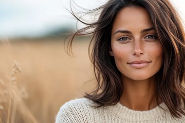 Fototapeta premium A serene portrait of a woman in a field, showcasing natural beauty and soft lighting. Perfect for lifestyle and wellness themes.