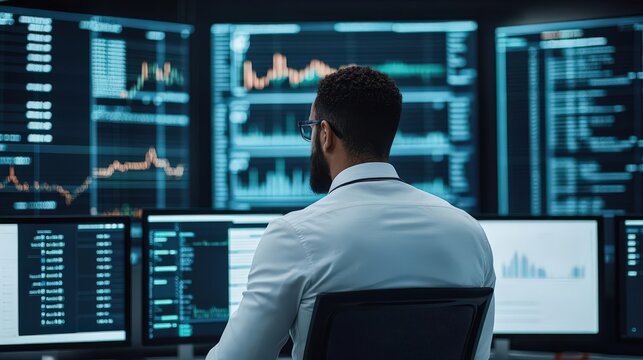 A professional analyst monitors multiple screens displaying financial data and stock market trends in a modern office.