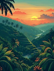 Illustration of Rice Terraces from Bali, Indonesia Travel Poster in Colorful Flat Digital Art Style