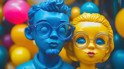 Obraz premium Vibrant Playful Plastic Duo: Blue Male & Yellow Female Figures with Glasses – Perfect as a Cheerful Poster for Sports Interiors and Creative Spaces!