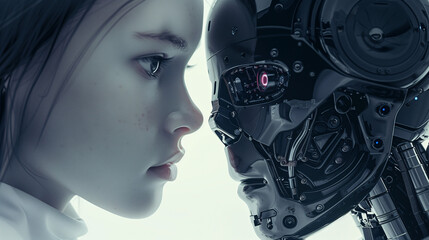 Human and futuristic robot face-to-face in profile