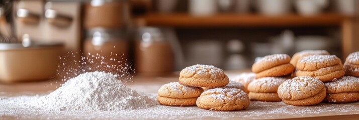 Baking Bliss, a cozy kitchen filled with cookie dough and flour, warm ambiance, inviting homey feel, and delicious aromas in the air