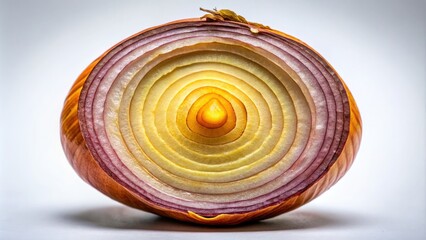 A bulb of onion with its layers exposed, showcasing its concentric structure and papery skin.