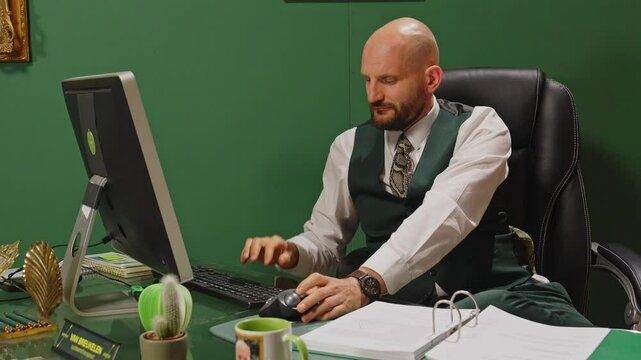 A manager sits behinds his computer and scrolls with the mouse. He types down a few notes and grabs a file lying on his desk