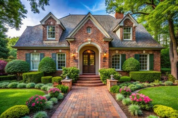 A charming traditional home features an inviting arched front door, complemented by brick walkways and lush landscaping that creates a warm and welcoming atmosphere.