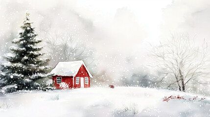 Urokliwa scena przedstawiająca zimowy pejzaż z delikatnie opadającym śniegiem, ozdobionymi choinkami i świątecznymi dekoracjami.