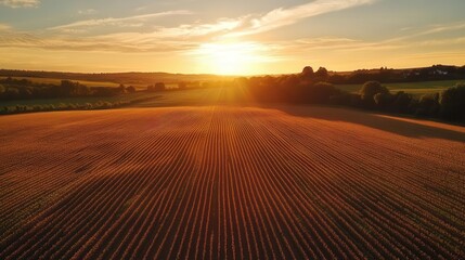 Fototapeta premium golden hour over a vast cornfield with warm sunlight illuminating the crops and casting long shadows dramatic sky with wispy clouds completes the rural landscape