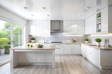 Abstract Blurred white minimal kitchen background, Blurry background concept. Front view