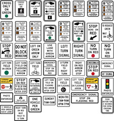 Comprehensive Traffic Signal Control Signs Collection: Crosswalk Instructions, Turn Signals, Pedestrian Signals, and Emergency Signal Indicators for Road Safety and Traffic Management, USA