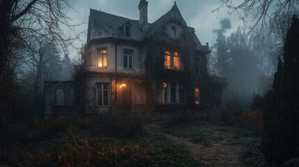 An eerie haunted house with flickering lights and an overgrown, neglected garden.