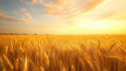 Naklejka premium golden wheat field stretches to horizon bathed in warm morning light wispy clouds streak vibrant sky capturing essence of rural abundance and natural beauty