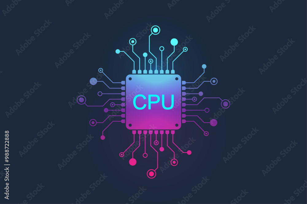 Poster CPU icon, sign, logo in the circuit line style. CPU computer processor in outline style design. Motherboard digital chip CPU. Machine learning design