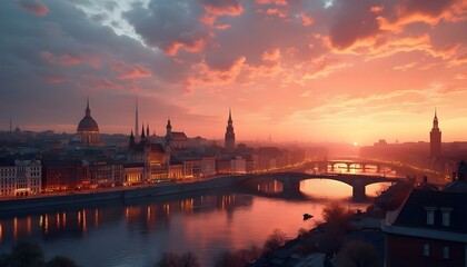 Fototapeta premium A panoramic cityscape view at sunset, showcasing skyscrapers silhouetted against a vibrant sky filled with hues of orange, pink, and purple, reflecting off glass buildings