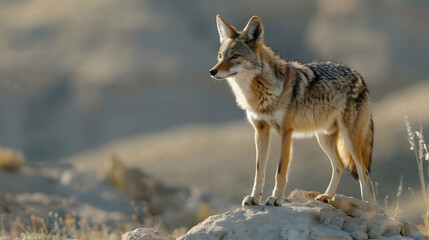 Fototapeta premium Coyote Standing on a Rocky Outcrop in the Desert