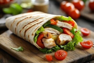 Delectable chicken wrap loaded with fresh veggies and cheese on a wooden board for healthy dining