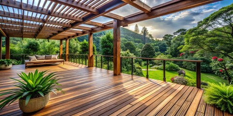 Fototapeta premium A deck constructed from natural wood planks, supported by sturdy beams and posts, is situated outside amidst lush greenery, blending seamlessly into its surroundings.