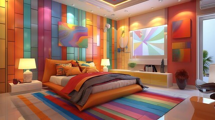 A beautiful bedroom with a colorful theme including multicolored colored panels