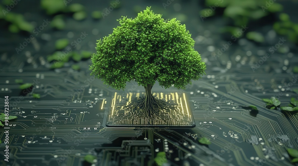 Poster green technology concept lush tree emerges from intricate circuit board symbolizing ecofriendly comp